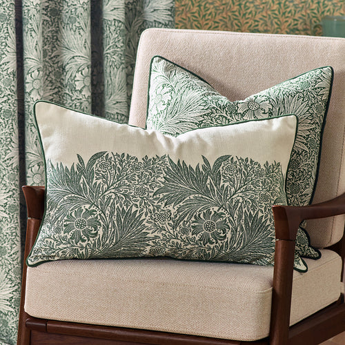 Floral Green Cushions - Marigold Embroidered Feather Rich Filled Cushion Leaf Green Morris & Co