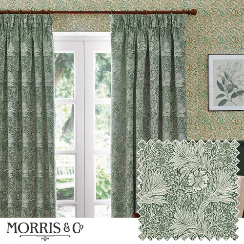 Floral Green Curtains - Marigold Jacquard Floral Room Darkening Pencil Pleat Curtains Leaf Green Morris & Co