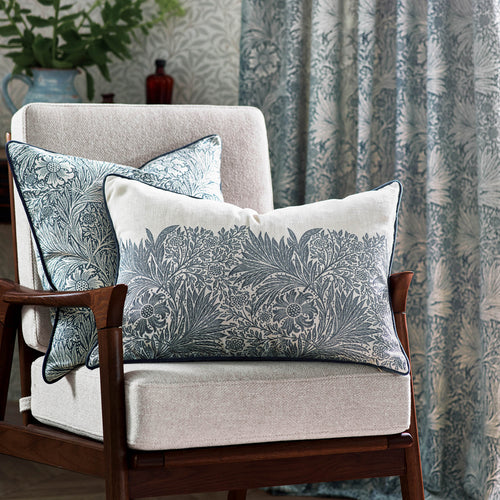 Floral Blue Cushions - Marigold Piped Jacquard Feather Rich Filled Cushion Indigo Morris & Co