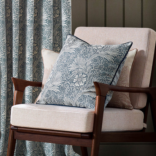 Floral Blue Cushions - Marigold Piped Jacquard Feather Rich Filled Cushion Indigo Morris & Co