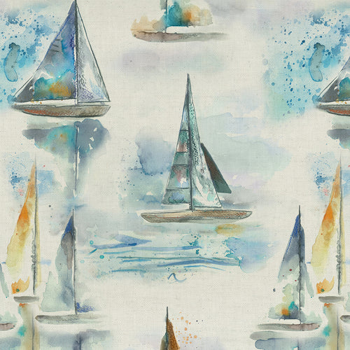 Abstract Blue Fabric - Marine Sail Printed Cotton Fabric (By The Metre) Natural Voyage Maison