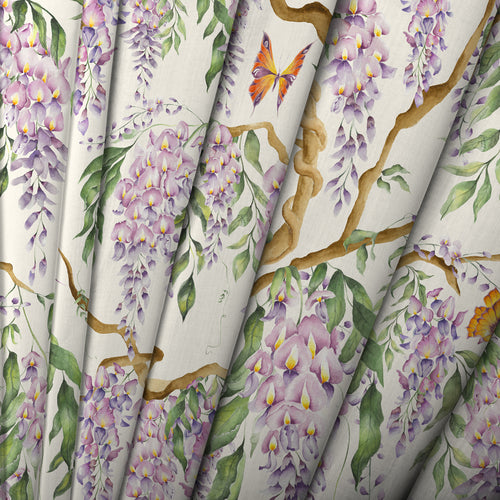 Floral Purple Fabric - Mariposa Printed Cotton Fabric (By The Metre) Cream Voyage Maison