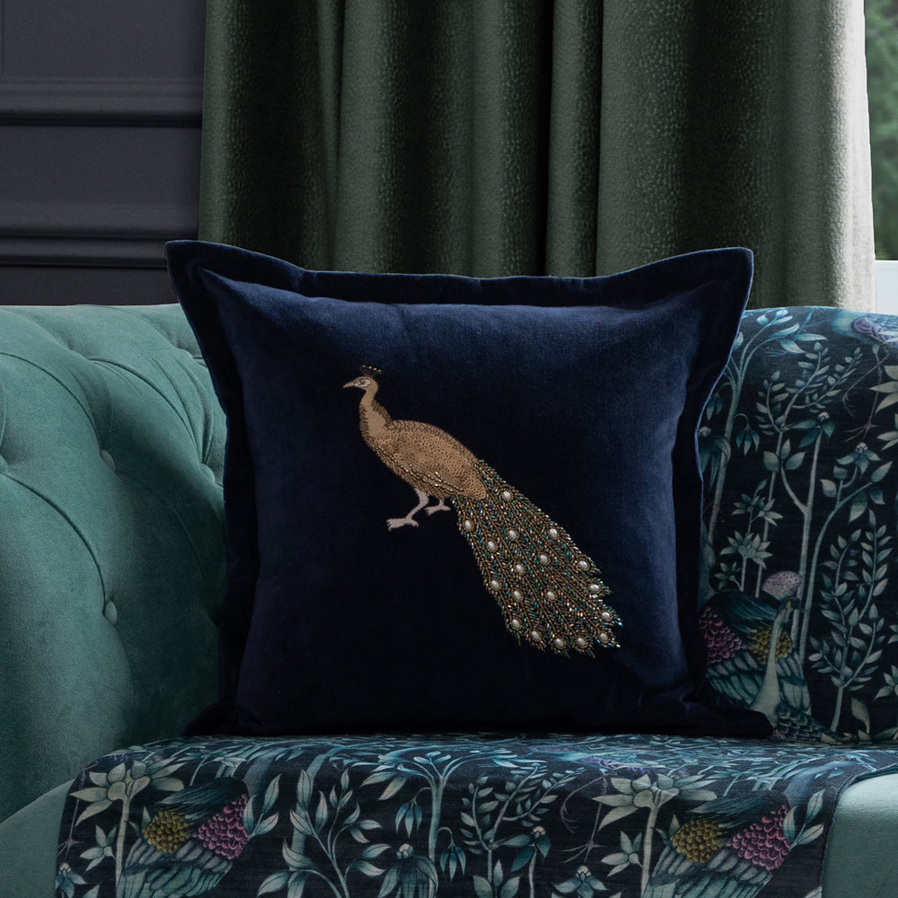 Mayura Blue Embroidered Feather Cushion Midnight Voyage Maison