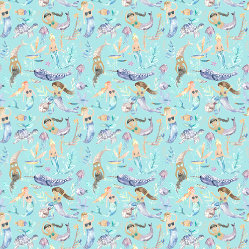 Animal Blue Fabric - Mermaid Party Printed Cotton Fabric (By The Metre) Aqua Voyage Maison