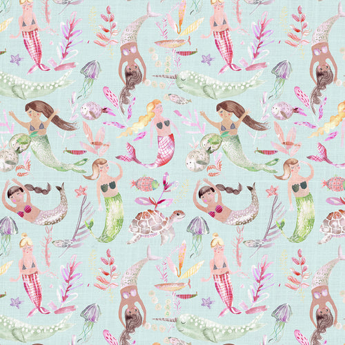 Animal Blue Fabric - Mermaid Party Printed Cotton Fabric (By The Metre) Dusk Voyage Maison