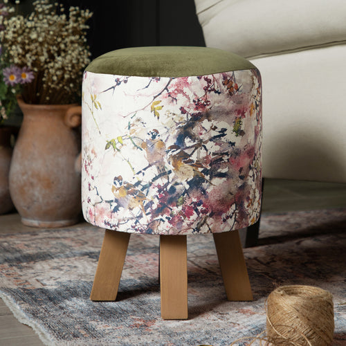 Floral Pink Furniture - Monty Round Footstool Brushwood Blossom Darren Woodhead
