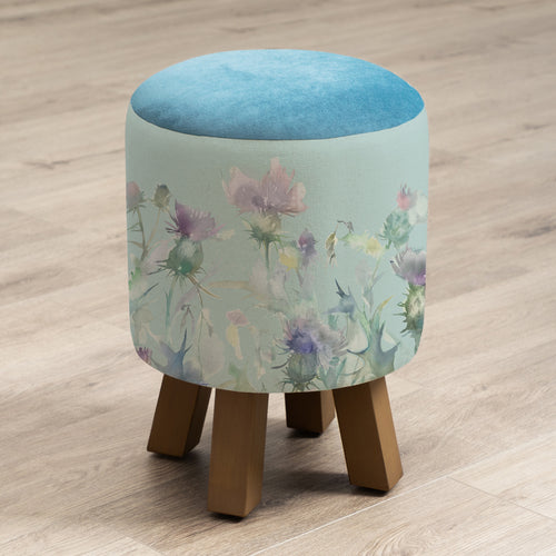 Floral Blue Furniture - Monty Round Footstool Cirsium Damson Duck Egg Voyage Maison