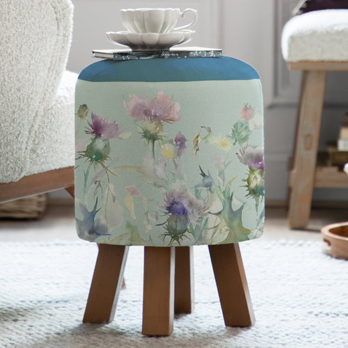 Floral Blue Furniture - Monty Round Footstool Cirsium Damson Duck Egg Voyage Maison