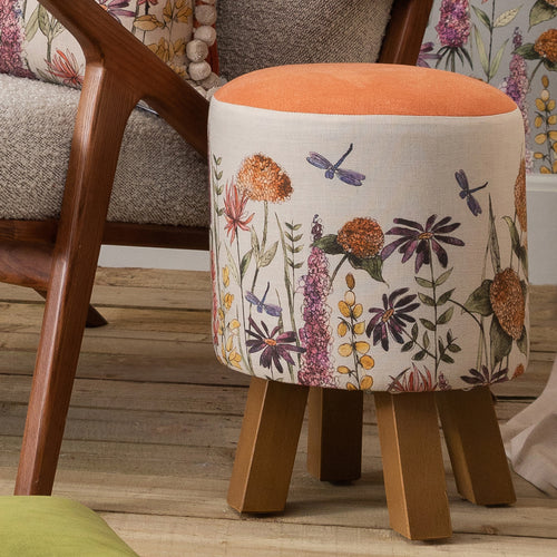 Floral Orange Furniture - Monty Round Footstool Florabunda Russet Linen Voyage Maison