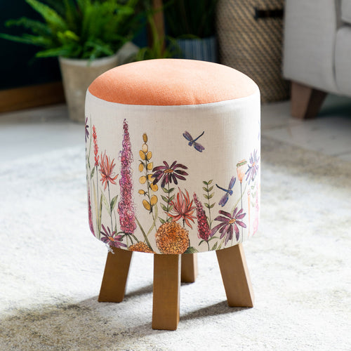 Floral Orange Furniture - Monty Round Footstool Florabunda Russet Linen Voyage Maison