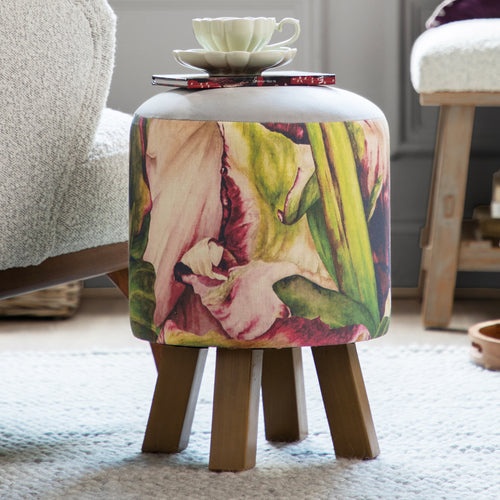 Floral Pink Furniture - Monty Round Footstool Heligan Fuchsia Marie Burke
