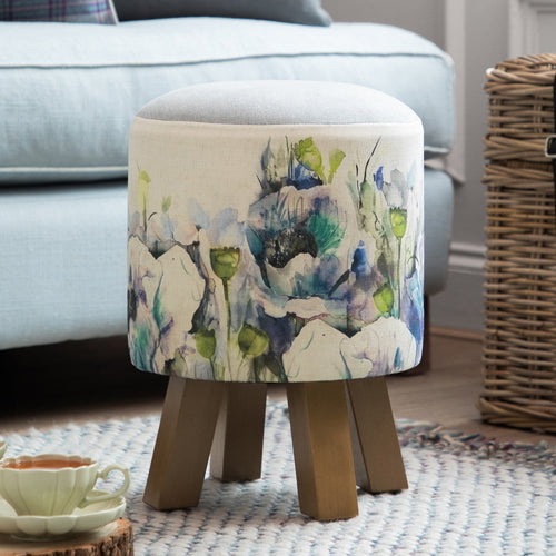 Floral Blue Furniture - Monty Round Footstool Papavera Veronica Voyage Maison