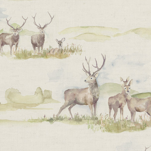 Animal Green Fabric - Morrland Stag Printed Linen Fabric (By The Metre) Natural Voyage Maison