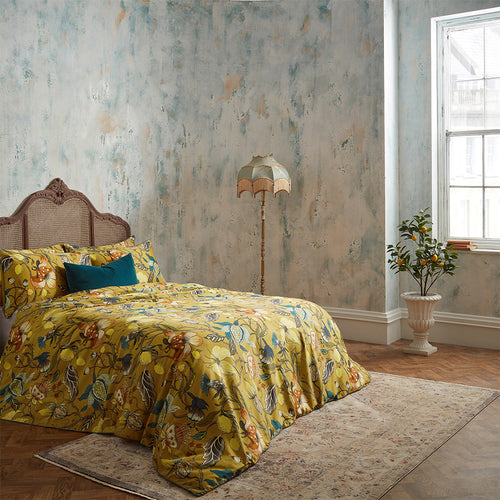 Floral Yellow Bedding - Morton Floral Printed Cotton Sateen Piped Duvet Cover Set Ochre EW by Edinburgh Weavers
