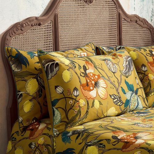 Floral Yellow Bedding - Morton Floral Printed Cotton Sateen Piped  Pillowcase Pair Ochre EW by Edinburgh Weavers