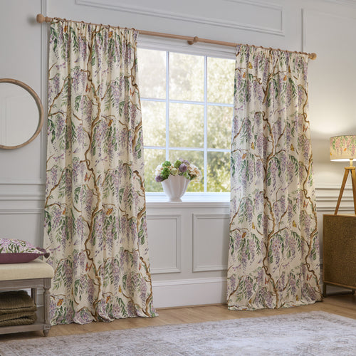 Floral Purple Curtains - Mariposa Printed Pencil Pleat Curtains Cream Voyage Maison