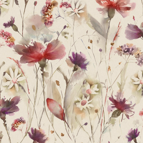 Floral Cream Fabric - Olearia Linen Printed Cotton Fabric (By The Metre) Boysenberry Voyage Maison