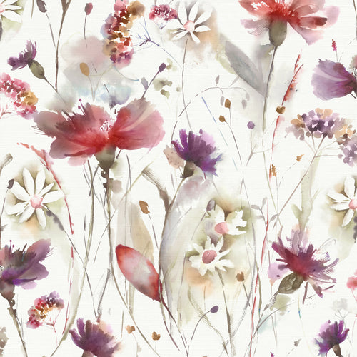 Floral White Fabric - Olearia Printed Satin Fabric (By The Metre) Boysenberry Voyage Maison