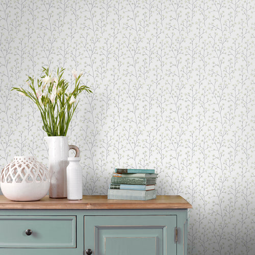Floral White Wallpaper - Ophelia Dove  1.4m Wide Width Wallpaper (By The Metre) Cotton Voyage Maison