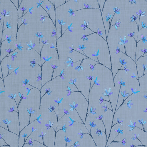 Floral Blue Fabric - Ophelia Printed Linen Fabric (By The Metre) Bluebell Blue Voyage Maison