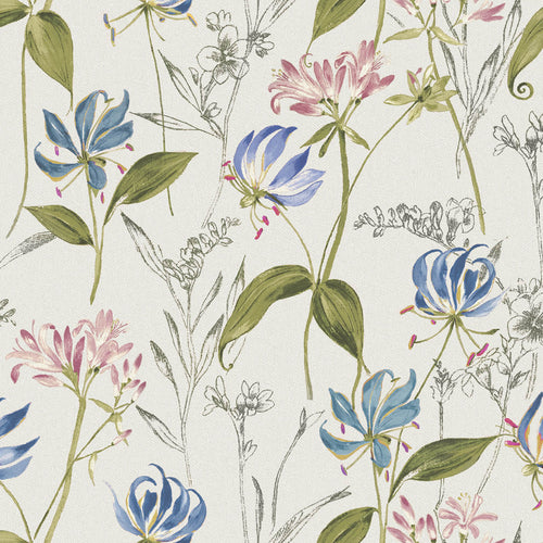 Floral Cream Fabric - Orissa Printed Linen Fabric (By The Metre) Bluebell Voyage Maison