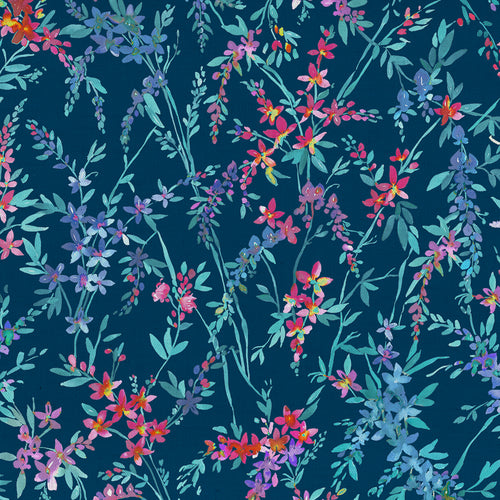 Floral Blue Fabric - Orivietta Printed Crafting Cotton Apparel Fabric (By The Metre) Navy Voyage Maison