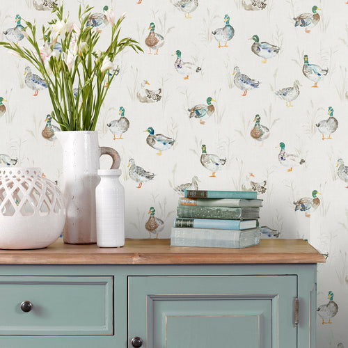 Animal Cream Wallpaper - Paddling Ducks  1.4m Wide Width Wallpaper (By The Metre) Cream Voyage Maison