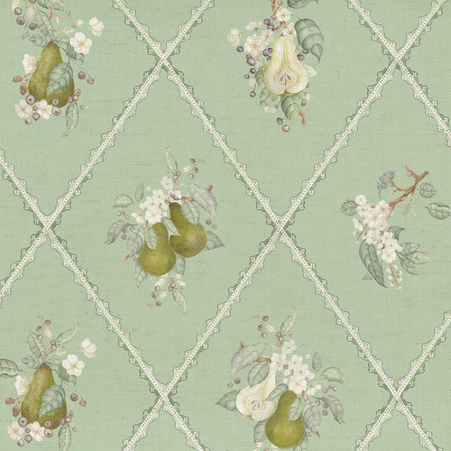 Floral Green Fabric - Pear Trellis Printed Cotton Fabric Verdure Voyage Maison