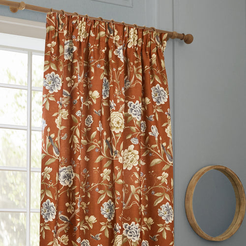 Animal Orange Curtains - Porcelain Garden Printed Chenille Pencil Pleat Curtains Rust Sanderson