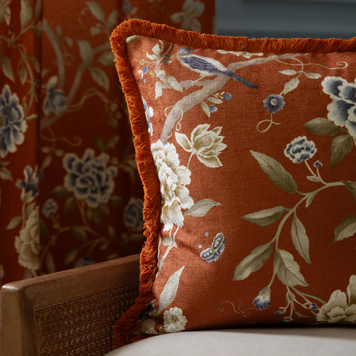 Floral Orange Cushions - Porcelain Garden Chenille Feather Rich Filled Cushion Rust Sanderson