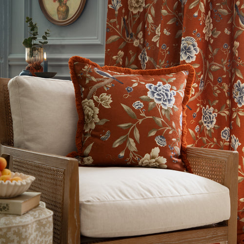 Floral Orange Cushions - Porcelain Garden Chenille Feather Rich Filled Cushion Rust Sanderson