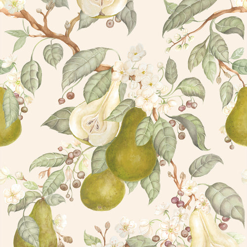 Floral Green Wallpaper - Pear Orchard  1.4m Wide Width Wallpaer (By the Metre) Cream Voyage Maison