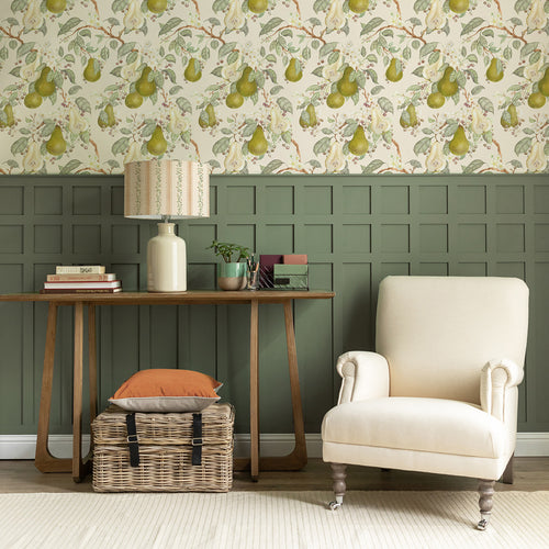 Floral Green Wallpaper - Pear Orchard  1.4m Wide Width Wallpaer (By the Metre) Cream Voyage Maison