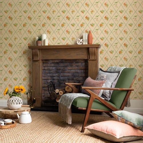 Floral Orange Wallpaper - Peach Trellis  1.4m Wide Width Wallpaer (By the Metre) Melba Voyage Maison