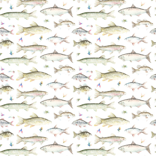 Animal Brown Fabric - River Fish Large Printed Linen Fabric (By The Metre) Cream Voyage Maison