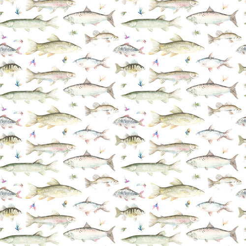 Animal Brown Fabric - River Fish Large Printed Linen Fabric (By The Metre) Natural Voyage Maison