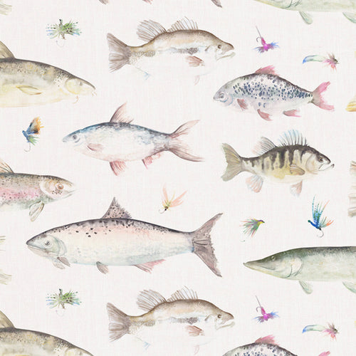 Animal Brown Fabric - River Fish Printed Linen Fabric (By The Metre) Cream Voyage Maison