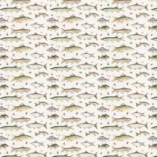 Animal Brown Fabric - River Fish Printed Linen Fabric (By The Metre) Cream Voyage Maison
