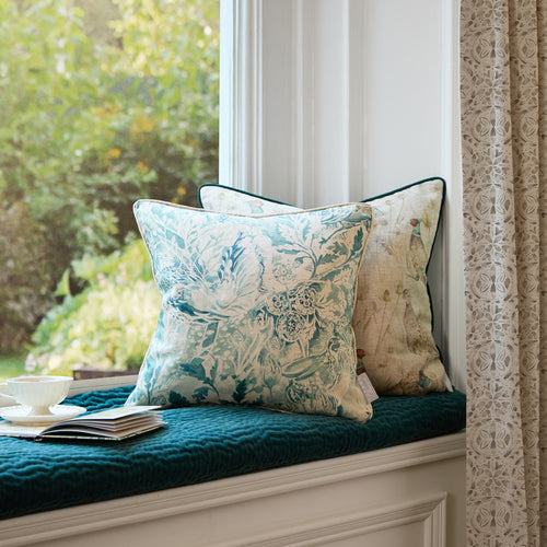 Woodland Blue Cushions - Rothesay Printed Piped  Feather Filled Cushions Duck Egg Voyage Maison