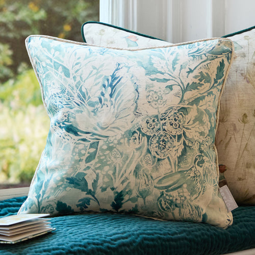 Woodland Blue Cushions - Rothesay Printed Piped  Feather Filled Cushions Duck Egg Voyage Maison