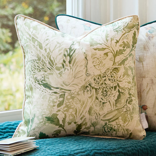 Woodland Green Cushions - Rothesay Printed Piped  Feather Filled Cushions Meadow Voyage Maison