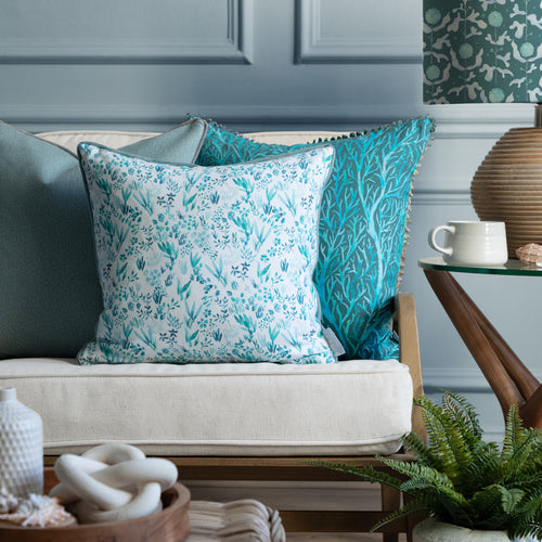 Floral Blue Cushions - Saana Printed Piped Feather Filled Cushion Teal Voyage Maison