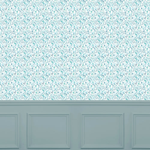 Floral Blue Wallpaper - Saana  1.4m Wide Width Wallpaper (By The Metre) Teal Voyage Maison