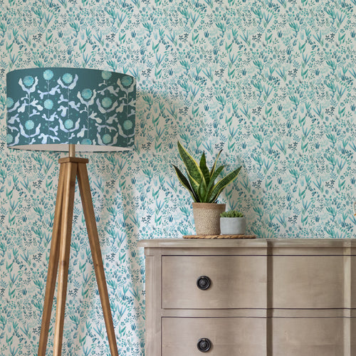 Floral Blue Wallpaper - Saana  1.4m Wide Width Wallpaper (By The Metre) Teal Voyage Maison