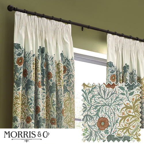 Floral Beige Curtains - Seaweed Printed Velvet Room Darkening Pencil Pleat Curtains Stone/Sunflower Morris & Co