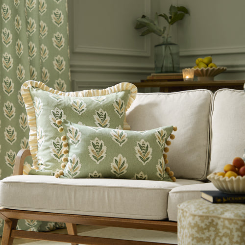 Woodland Green Cushions - Sessile Leaf Printed Feather Rich Filled Cushion Sage Sanderson