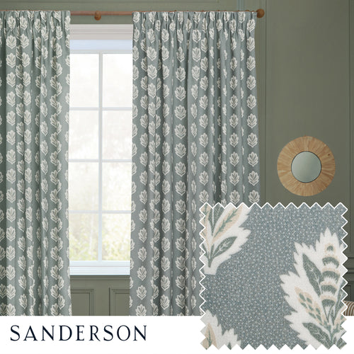 Floral Blue Curtains - Sessile Leaf Motif Pencil Pleat Curtains Delph Blue Sanderson