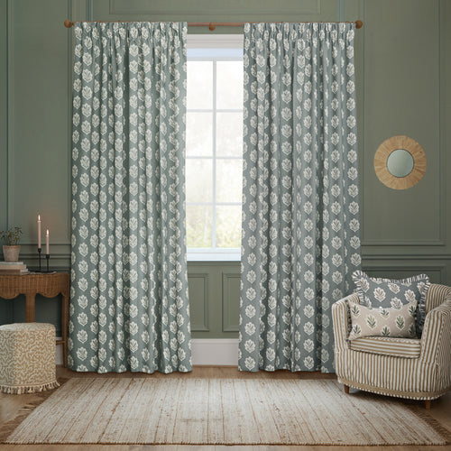 Floral Blue Curtains - Sessile Leaf Motif Pencil Pleat Curtains Delph Blue Sanderson