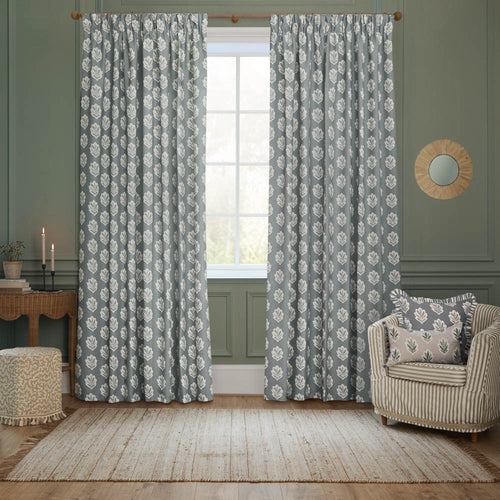 Floral Blue Curtains - Sessile Leaf Motif Pencil Pleat Curtains Delph Blue Sanderson