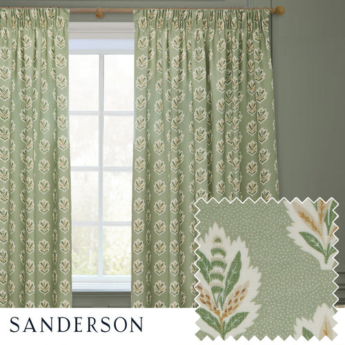 Floral Green Curtains - Sessile Leaf Printed Room Darkening Pencil Pleat Curtains Sage Sanderson